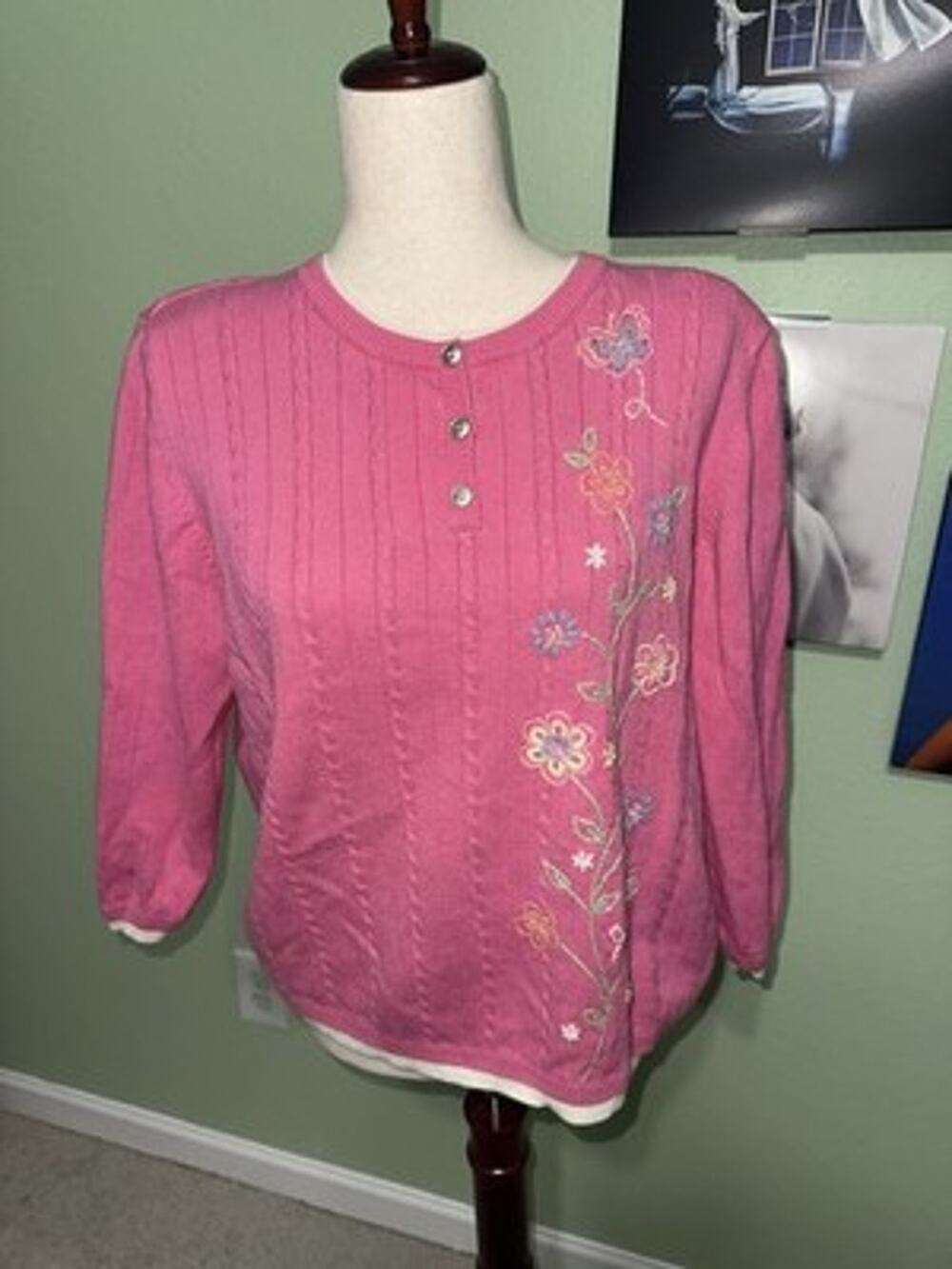 Alfred Dunner Pink Cable Knit Floral Butterfly Embroidered Henley Sweater Medium